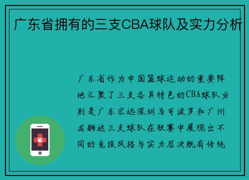 广东省拥有的三支CBA球队及实力分析