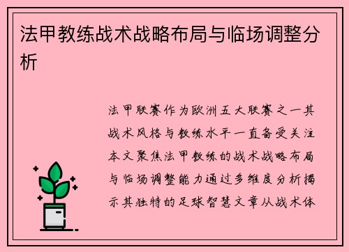 法甲教练战术战略布局与临场调整分析