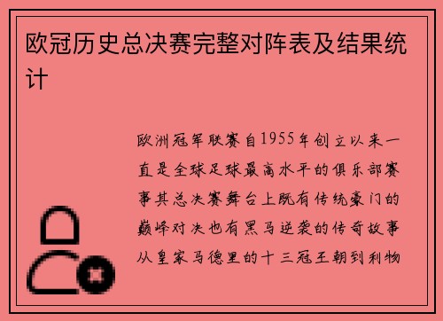 欧冠历史总决赛完整对阵表及结果统计